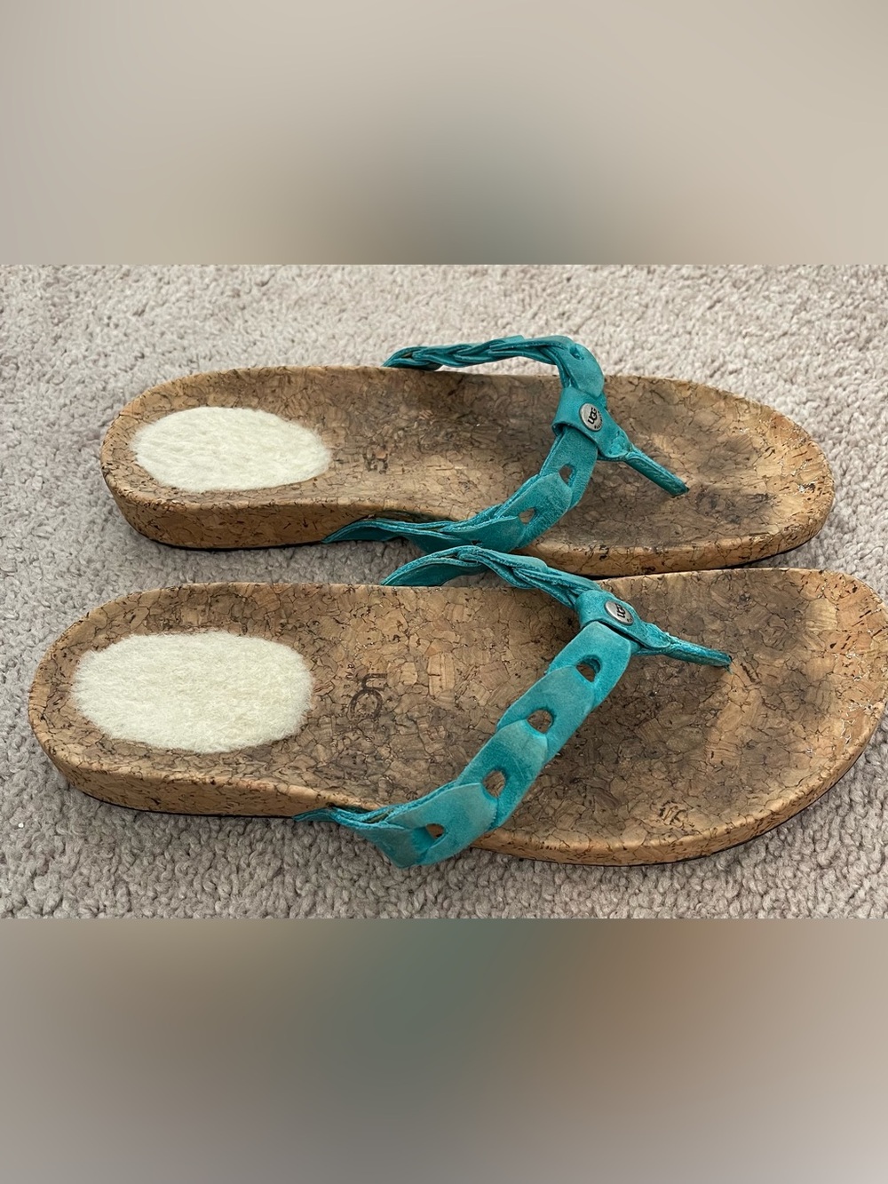 UGG Teal Suede Braided Thong Sandals with Cork Footbed